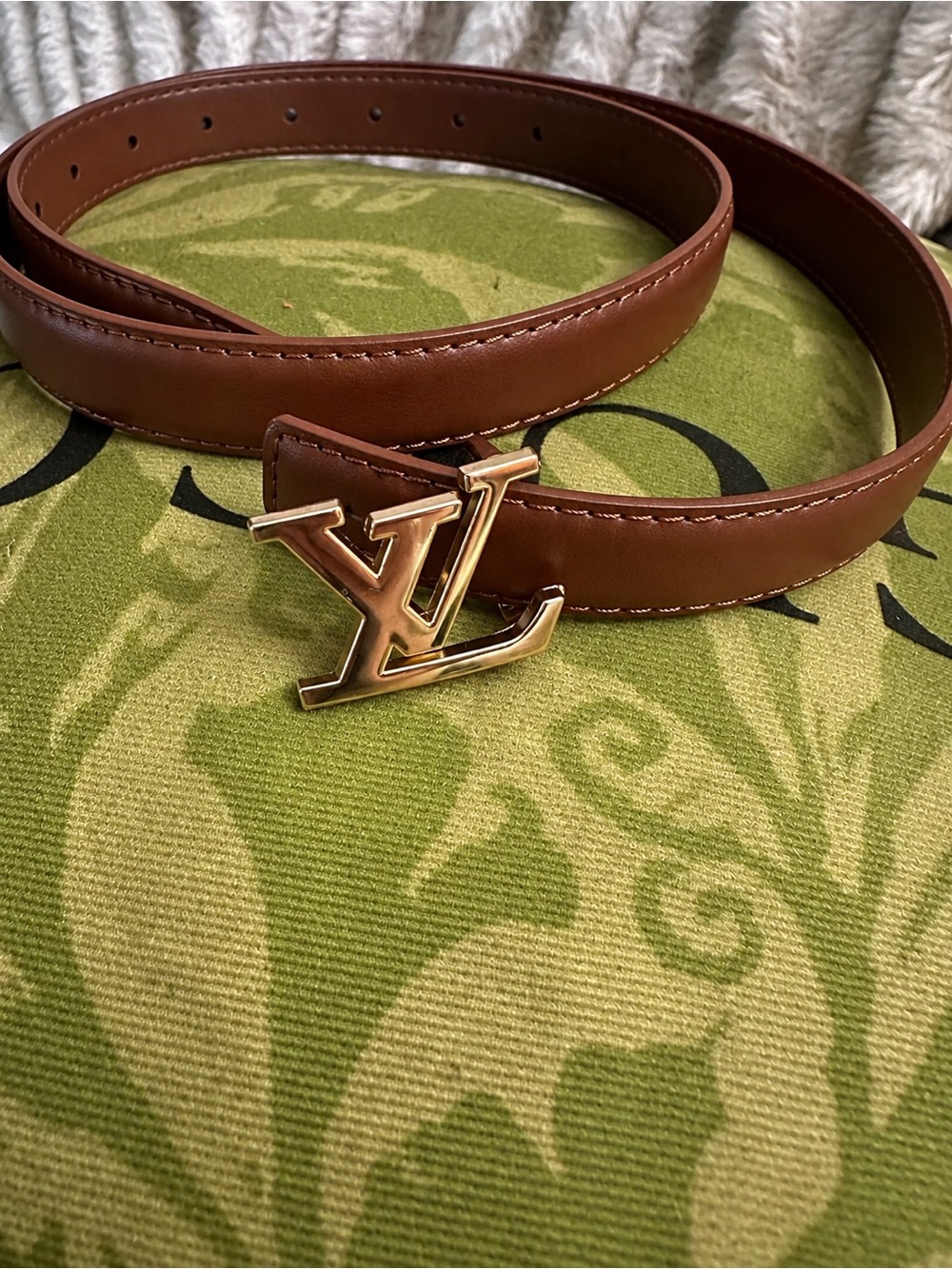 Source Unknown Brown Leather Belt with Gold LV Logo Buckle